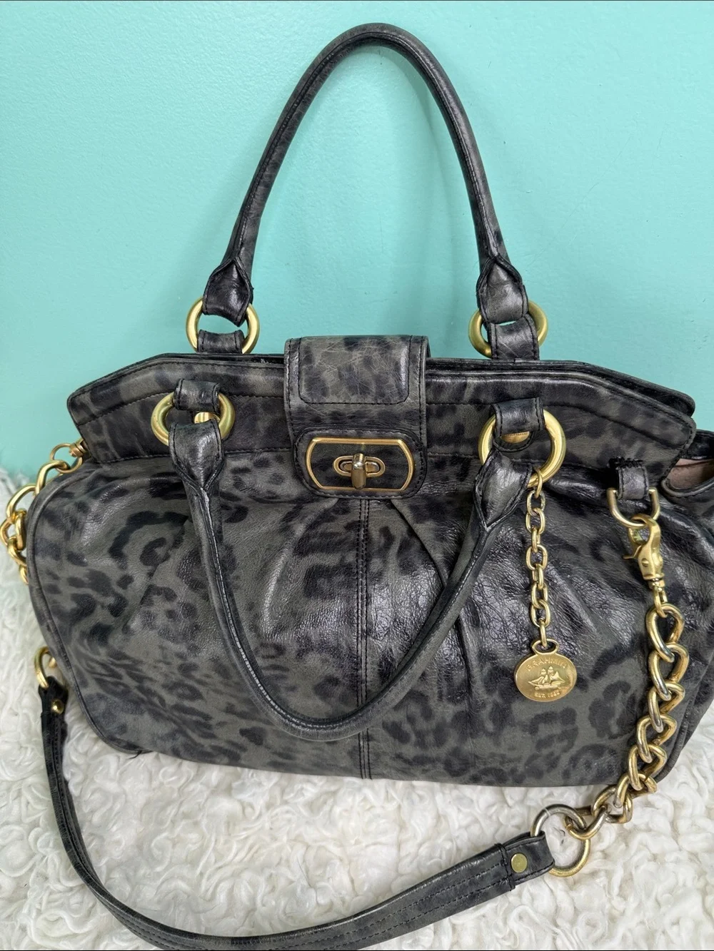 Brahmin Adore Charcoal Leopard-Print Leather Satchel with Gold Hardware